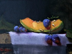 stilllifequickheart:  Richard Williams Cantaloupe and Grapes 21st century  Il melone è contrario a qualsiasi idea di freschezza