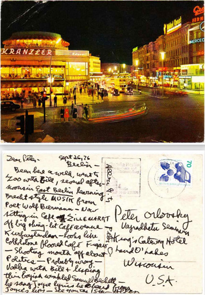 enormousair:
“ “ On September 26, 1976, Beat poet Allen Ginsberg, in Berlin to perform a reading of his work, wrote a postcard to his close friend/lover poet Peter Orlovsky:
Dear Peter - Been here a week, went to zoo with Bill [William S. Burroughs],...
