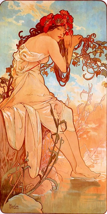 Woman with Daisies (1898-99), Summer (1896), Spring (1896), Dusk (1899). Alphonse Mucha.