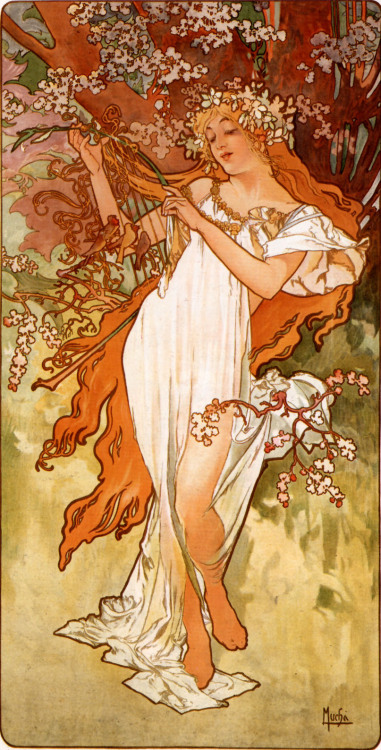 Woman with Daisies (1898-99), Summer (1896), Spring (1896), Dusk (1899). Alphonse Mucha.