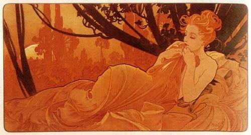 Woman with Daisies (1898-99), Summer (1896), Spring (1896), Dusk (1899). Alphonse Mucha.