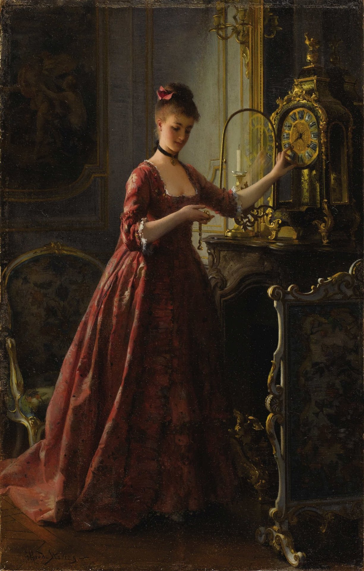 catonhottinroof:  Alfred Stevens   Winding The Mantle Clock 