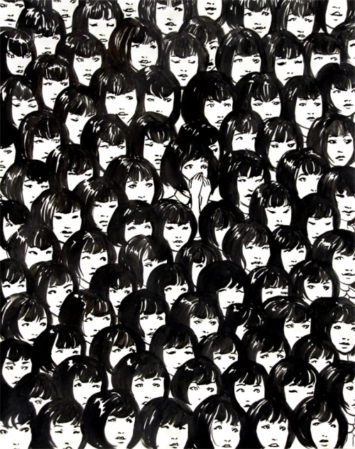 Ninety One Good Chinese Girls, ink on paper
riff off an interesting (and strangely unsettling) photo i saw of a swarm of singing, uniform, asian girls.