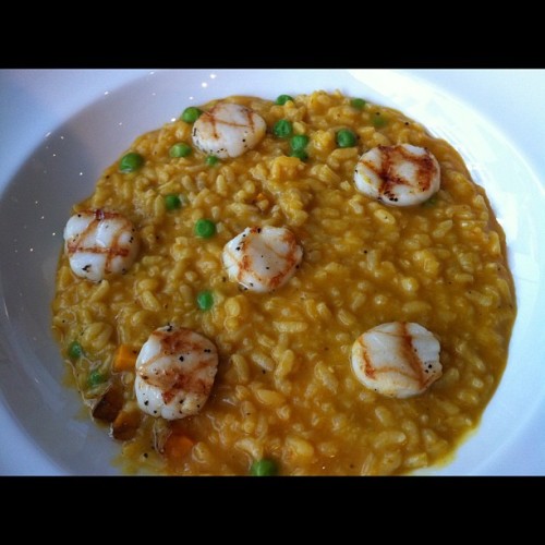 Pumpkin risotto with sea scallops & peas. Yum!!! (Taken with instagram)