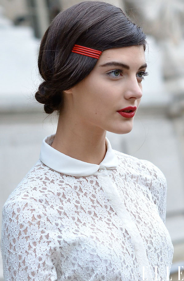 elle:  Street Chic: Paris Looking very Snow White in a red lip and crisp white shirt