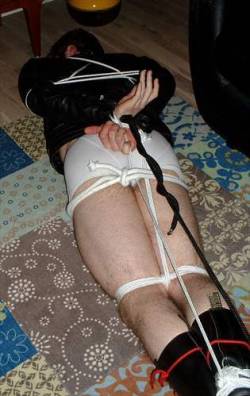 blackleatherbikerjacket:  leather jacket and underwear, tied up, now THAT’s more like it 