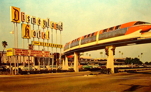 Disneyland entrance showing Monorail 1960s