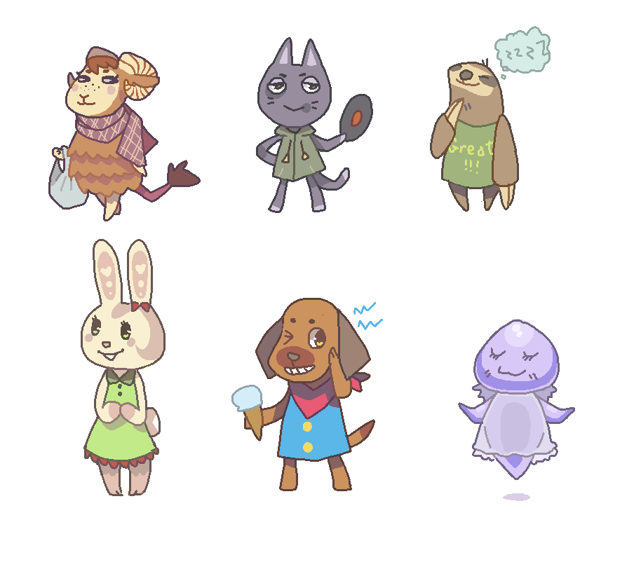 lookit all these lil doo doos! my oc shydoh, dylan, itemsguy, erikachan, shrapnull, aaand phrixphrax as animal crossing villagers. want to do my pokemon gijinkas eventually.
if anyone wants to to change somethin like colours or clothes ill save the...