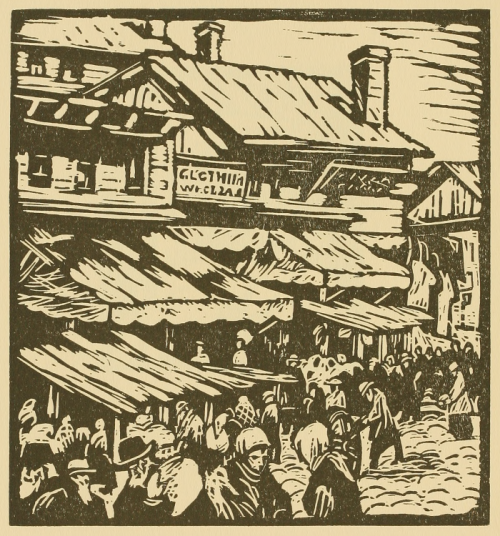 Todros Geller wood block print, Maxwell St, c. 1925, Chicago.