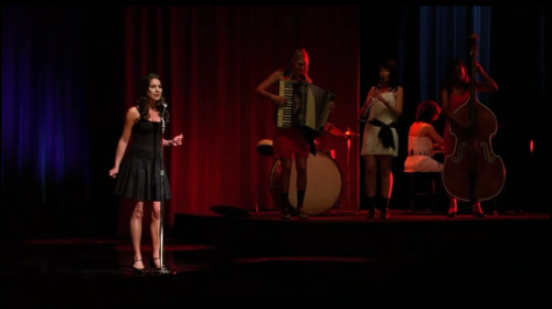 mzminola:Rachel Berry and the all-girl Cabaret Band. Even the drummer whom we can’t see in thi