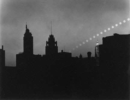 Harold Allen, Moonrise over Chicago, c.1963. Taken with a long exposure over the course of one night…