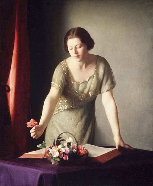 23silence:Girl Arranging Flowers (1921).  William McGregor Paxton (American, 1869-1941).  Oil on can