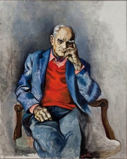 svaeverover:  Renato Guttuso, Ritratto di Moravia con maglione rosso 1982. 