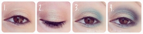 makeup-madness:  seashore tutorial- 1. Prime the lids. I used a glittery, cream shadow, but a normal primer will do just fine. 2. Apply a champagne colored shadow to lid below the crease, focusing mainly on the inner 2/3. 3. Blend a light blue just under