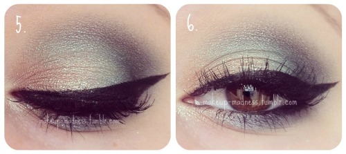 makeup-madness:  seashore tutorial- 1. Prime the lids. I used a glittery, cream shadow, but a normal primer will do just fine. 2. Apply a champagne colored shadow to lid below the crease, focusing mainly on the inner 2/3. 3. Blend a light blue just under