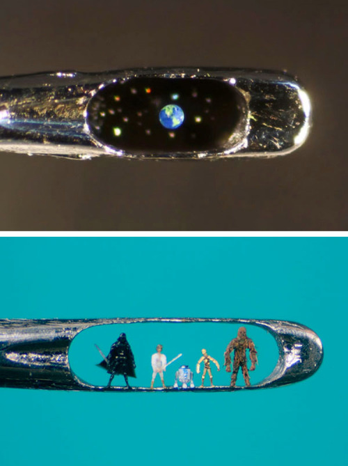 yamaiko:  unbelievable micro-sulptures by Willard Wigan that sit within the eye of a needle, or on a pin head. The pieces are so minute that they are only visible through a microscope. Willard enters a meditative state in which his heartbeat is slowed,