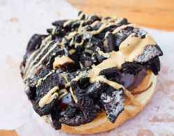 foodescapades:Old Dirty Bastard Donut with Chocolate Frosting, Oreo’s and Peanut Butter