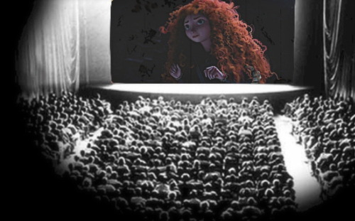 klotzilla:  briannathestrange:  merverb:  Pixar Characters Watch Brave!!!  [x]  Excuse me but… YES <3  Lotso’s soooo cute hiding under the seat :33! 