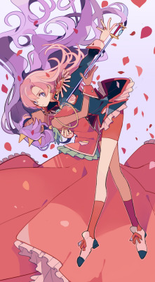 sokak:  2girls bad id closed eyes dark skin dress epaulettes frills highres himemiya anthy jewelry kneehighs long hair multiple girls petals pikaro pink hair purple eyes purple hair ring rose petals shoujo kakumei utena socks sword tenjou utena weapon