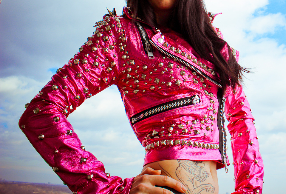 TOXIC VISION — Toxic Vision hot pink metallic studded leather...