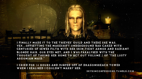 skyrimconfessions:“I finally made it to the Thieves’ Guild and there she was. Vex…offsetting the mak