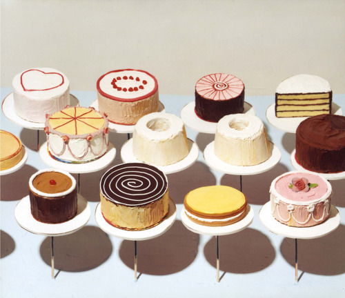 the-yellowbook:Wayne Thiebaud. The artwork is Cakes 1963.