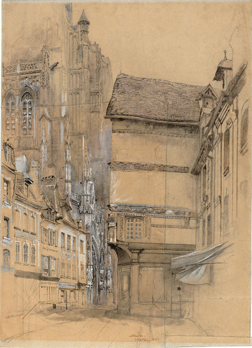 John Ruskin（British, 1819-1900）
Abbeville 1852
Ink and wash and pencil heightened with white on buff coloured paper