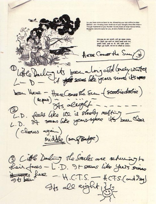 blue-electric-blue:  George’s handwritten lyrics to “Here Comes The Sun” . 