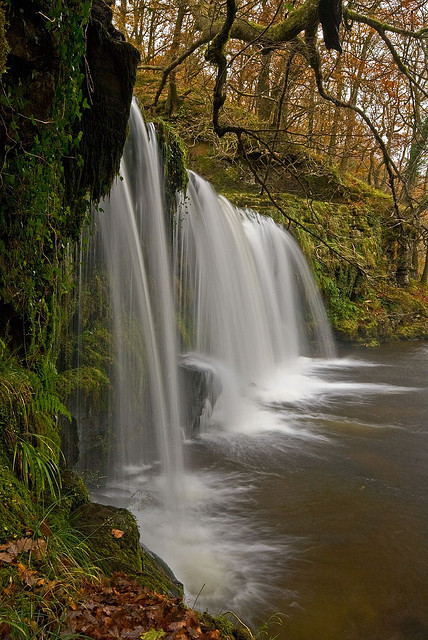 Scwd Ddwli waterfall in Brecon Beacons National Park, Wales (by flash of light).