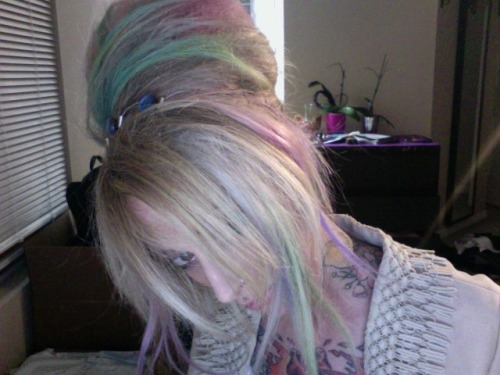 No photo I’ve attempted to take the past 30 minutes has done my majestic bedazzled rainbow cotton candy swirl beehive any justice. But that’s okay, this was my first attempt, and perhaps when I have a better way of documenting it, it will