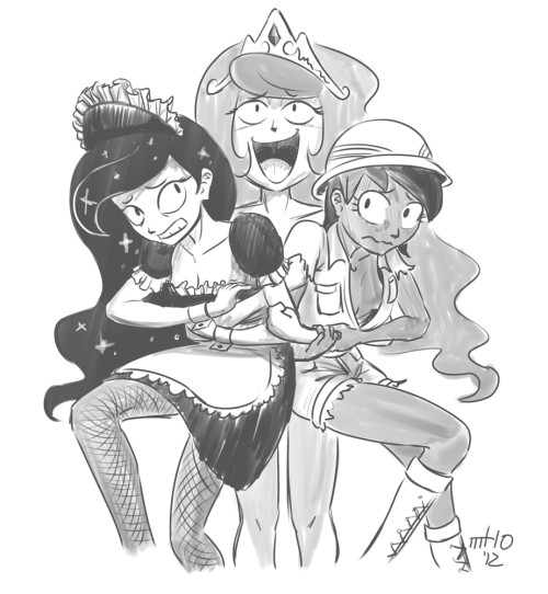 mt10:  Happy birthday JJ! JJ is such a nice guy, so I had to draw a pic for his b-day. It’s the stars of two of his tumblrs, Princess Molestia and Human Daring Do, and also Luna in a maid outfit, because I heard he likes that too. Princess Molestia