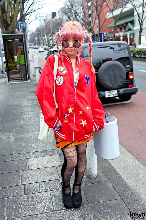 Pink braids, round glasses &amp; Mickey Mouse jacket on the street in Harajuku.