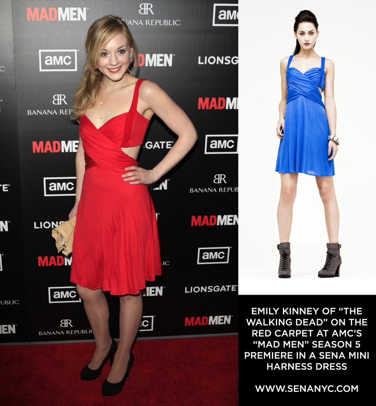 Emily Kinney of “The Walking Dead” rocks the red carpet at the “Mad Men” Season 5 Premiere in a SENA Mini Harness Dress. Emily looks beautiful!
Want your own SENA Mini Harness Dress? Just your luck, it’s is available here for purchase.