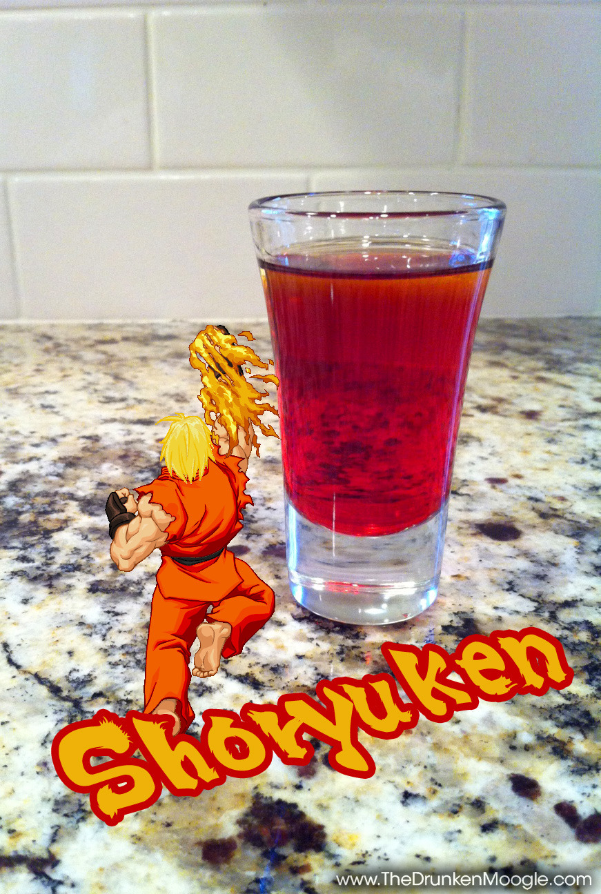 thedrunkenmoogle:  Shoryuken - Ken (Street Fighter shot) Ingredients:1 oz Southern