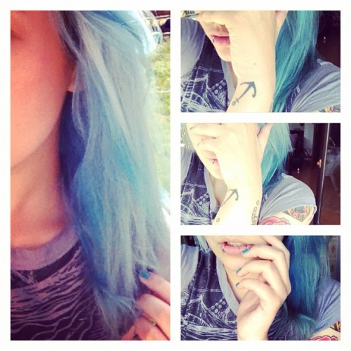 my hair has such a pretty light teal/blue color right now #tealhair #bluehair #tattoos (Taken with