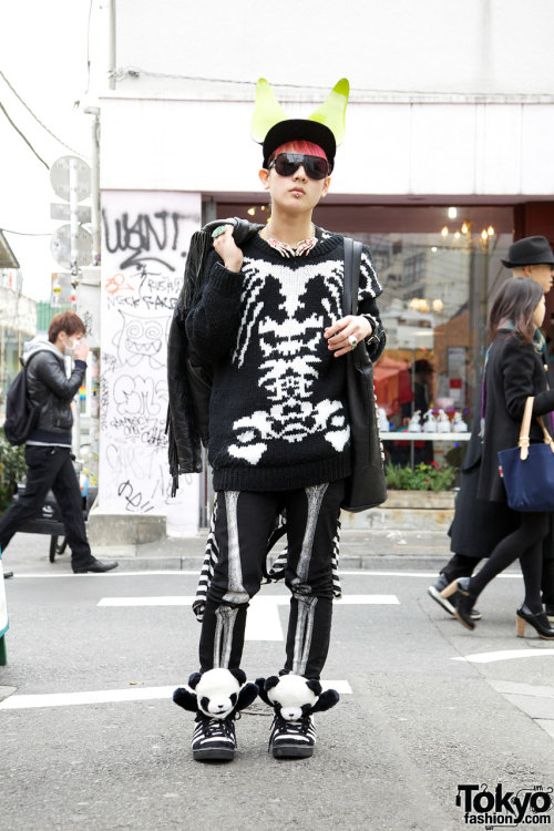 Harajuku guy w/ skeleton fashion, pink hair, bunny ears &amp; Jeremy Scott sneakers.