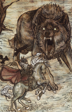 ermahgerd-blerk-mertl:  tatteredbanners:  Odin and Fenrir by Dreoilin on deviantart.  