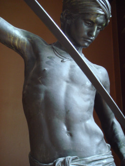 I love this photograph both for the layer of dust on the statue&rsquo;s chest resulting from his perfect motionlessness, and for the brush marks in the dust which reveal that someone has recently touched the smooth surface of his bronze muscles.