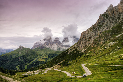 Pordoi Pass at 2239m, the highest surfaced road traversing a pass in the Dolomites, Italy (by Wolfga