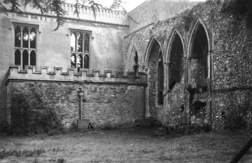 Walsingham Abbey refectory interiorArcading and remains of pulpit1935