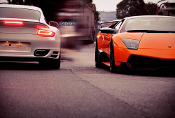 automotivated:  Porsche 997 Turbo S+Lamborghini Murcielago LP670-4 SuperVeloce (by 李鱼 Ferrari911)