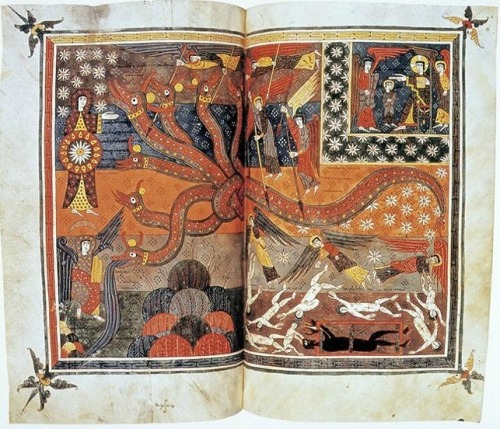 Bifolio illustrating a scene from Revelation 12- including the woman clothed in the sun (upper left)