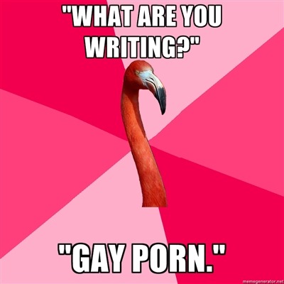 fuckyeahfanficflamingo:  [“WHAT ARE YOU WRITING?” (Fanfic Flamingo) “GAY PORN.”]