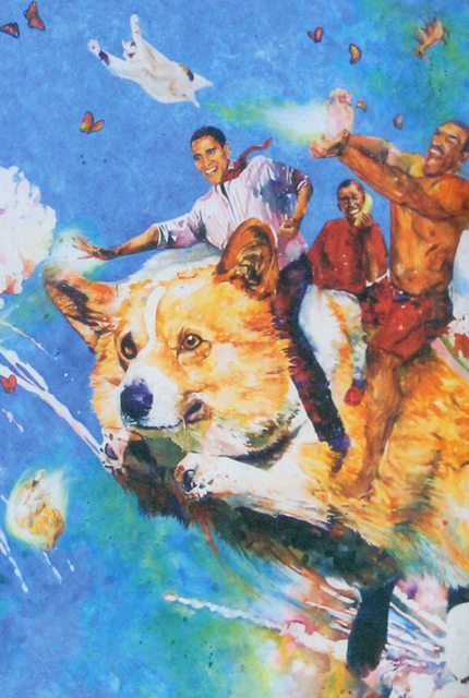 I dunno what I like more, the fact that Obama is riding a giant corgi or the dude behind him haoduke