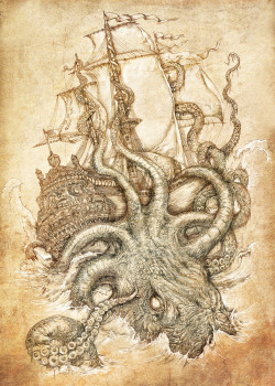 victoriousvocabulary: KRAKEN [noun] legendary sea monsters of giant proportions said to dwell off the coasts of Norway and Iceland. In modern German, Krake (plural and declined singular:Kraken) means octopus but can also refer to the legendary Kraken.