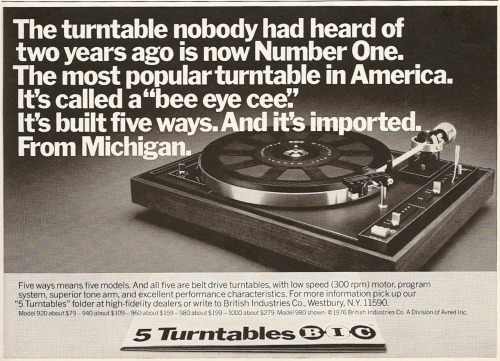 vintagelounge:  5 Turntables. Ad from Playboy, November 1976. 