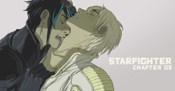 The first page of Chapter 3 is up on the site! SOME IMPORTANT INFO:  For anyone that missed it: Starfighter has been on hiatus so I could get Chapter 2 to the printers. Instead of the six extra pages I planned.. I went a little overboard with the smut