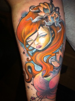 fuckyeahtattoos:  My newest tattoo! Done by Aivars at 1969 tattoo in Oslo… It’s originally an art-piece by Audrey Kawasaki.. She does some amazing art, and so I decided to tattoo some of it!  I’m really happy with the result, and I love it..! 