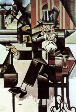 thorsteinulf:  Juan Gris - Man in the Cafe (1912)  Per quanto sia seduto da due ore a guardarsi intorno, ha tenuto le gambe accavallate con una tale, naturale fermezza che non mi sorprenderei se l'arto sollevato fosse finto