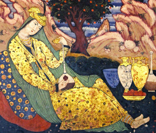 obliquecity:A woman having wine in solitude. A wall painting from Chehel Sotoun pavilion in Isfahan,